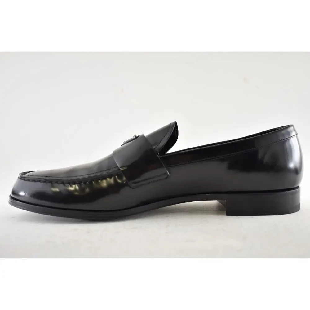 Prada Black Brushed Leather Triangle Logo Classic Loafer SlipOn Flat UK 12 US 13 - Picture 15 of 16
